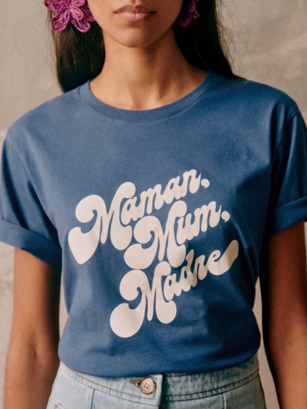 Sézane Maman, Mum, Madre Tee in Blue Ecru